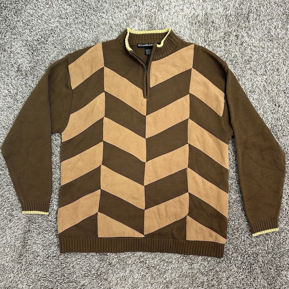 Vintage 90s Sweater Men L Brown Suede  Wool Blend 1/4 Zip Pullover Ski Cabin
